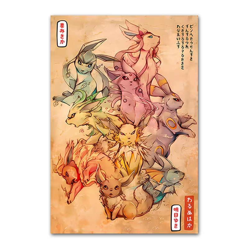 Anime Pokemon Canvas Painting Eeveelution Eevee Retro HD Poster and Print Watercolor Wall Art Picture Home Decor Kids Gifts