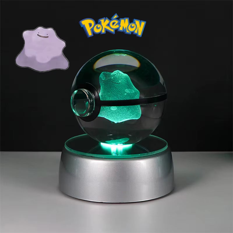 Pokemon 3D Crystal Poke Ball Figure Toys Anime Gengar Mimikyu Jigglypuff Eevee Figurines LED Lamp Base Pokeball Glass Ball Gifts