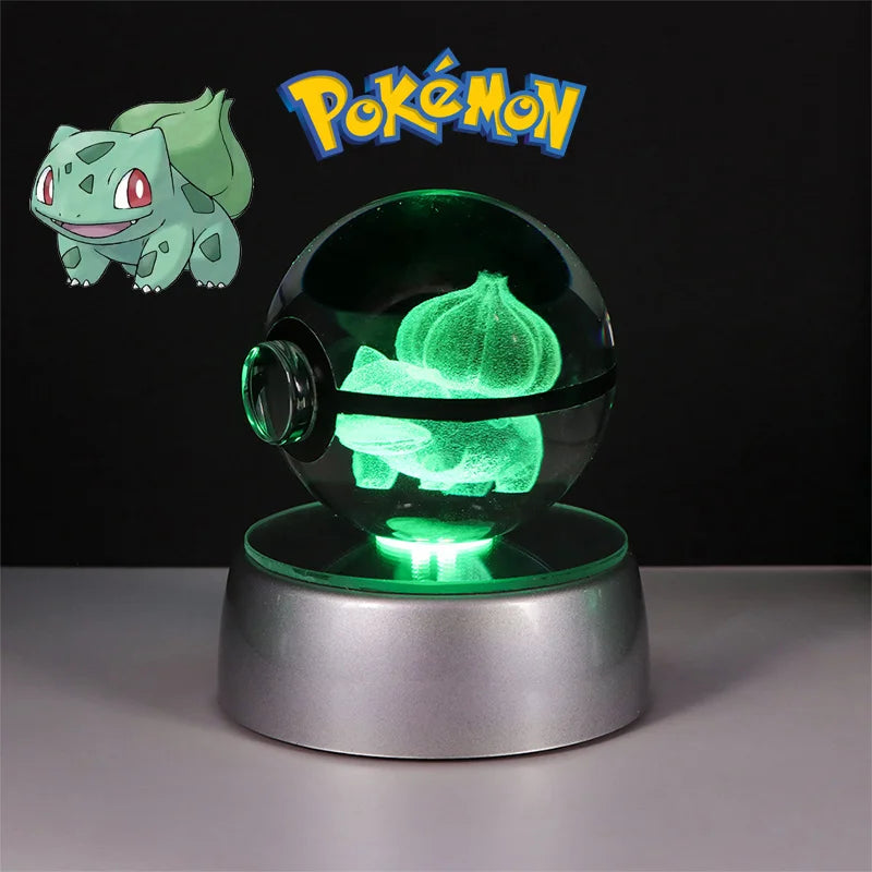 Pokemon 3D Crystal Poke Ball Figure Toys Anime Gengar Mimikyu Jigglypuff Eevee Figurines LED Lamp Base Pokeball Glass Ball Gifts