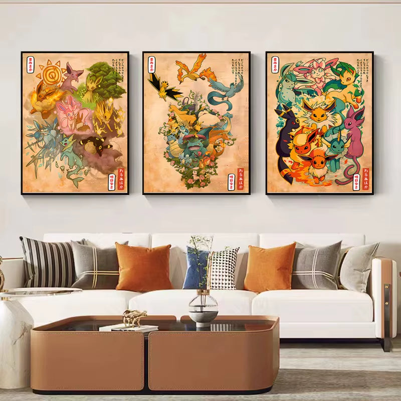 Anime Pokemon Canvas Painting Eeveelution Eevee Retro HD Poster and Print Watercolor Wall Art Picture Home Decor Kids Gifts