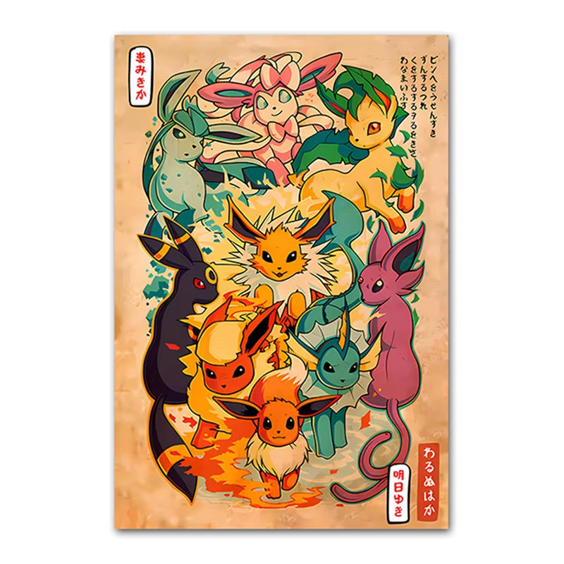Anime Pokemon Canvas Painting Eeveelution Eevee Retro HD Poster and Print Watercolor Wall Art Picture Home Decor Kids Gifts