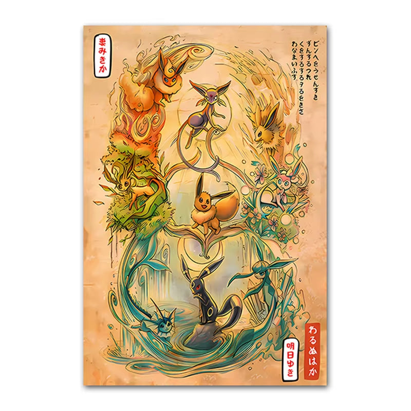 Anime Pokemon Canvas Painting Eeveelution Eevee Retro HD Poster and Print Watercolor Wall Art Picture Home Decor Kids Gifts