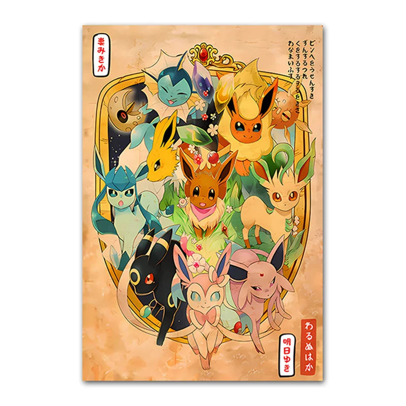 Anime Pokemon Canvas Painting Eeveelution Eevee Retro HD Poster and Print Watercolor Wall Art Picture Home Decor Kids Gifts