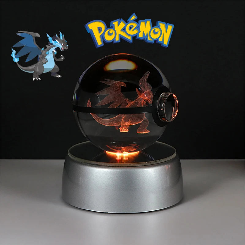 Pokemon 3D Crystal Poke Ball Figure Toys Anime Gengar Mimikyu Jigglypuff Eevee Figurines LED Lamp Base Pokeball Glass Ball Gifts