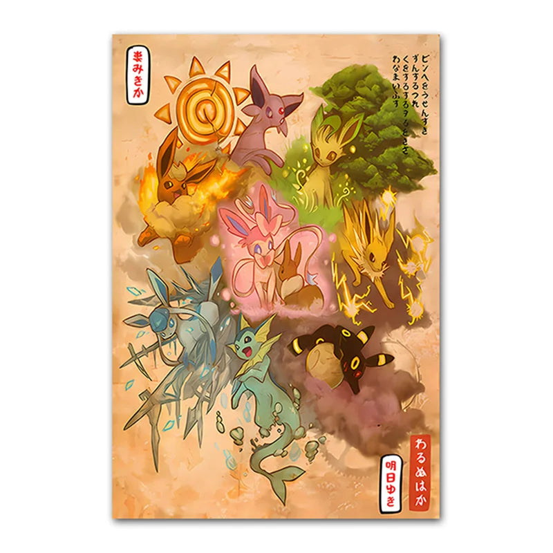 Anime Pokemon Canvas Painting Eeveelution Eevee Retro HD Poster and Print Watercolor Wall Art Picture Home Decor Kids Gifts