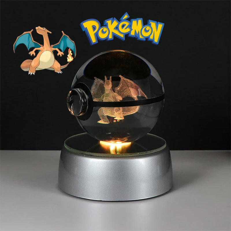 Pokemon 3D Crystal Poke Ball Figure Toys Anime Gengar Mimikyu Jigglypuff Eevee Figurines LED Lamp Base Pokeball Glass Ball Gifts