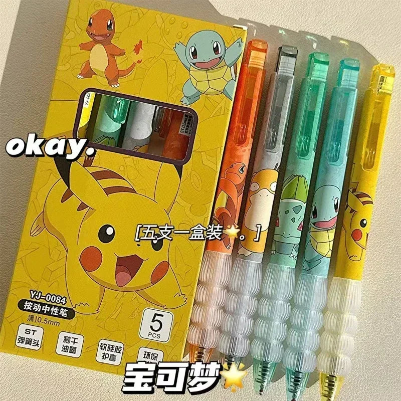 5Pcs Pokemon Pikachu Gel Pen Cute Anime Cartoon Charmander Squirtle Press on Gel Pen Stationery School Supplies Holiday Gifts
