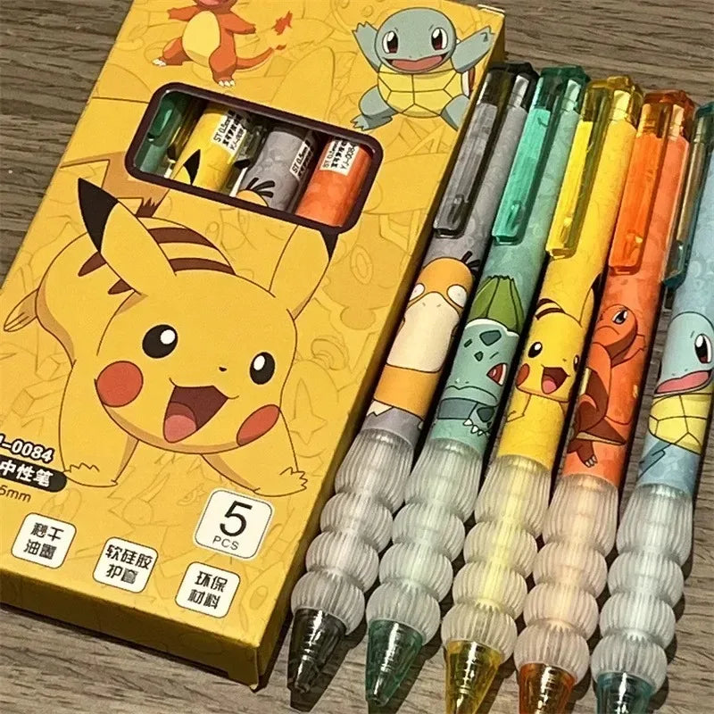 5Pcs Pokemon Pikachu Gel Pen Cute Anime Cartoon Charmander Squirtle Press on Gel Pen Stationery School Supplies Holiday Gifts