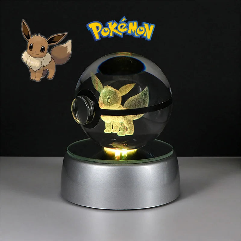 Pokemon 3D Crystal Poke Ball Figure Toys Anime Gengar Mimikyu Jigglypuff Eevee Figurines LED Lamp Base Pokeball Glass Ball Gifts