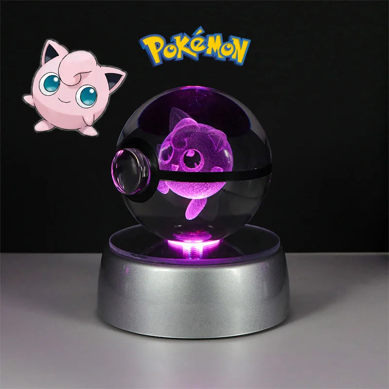 Pokemon 3D Crystal Poke Ball Figure Toys Anime Gengar Mimikyu Jigglypuff Eevee Figurines LED Lamp Base Pokeball Glass Ball Gifts