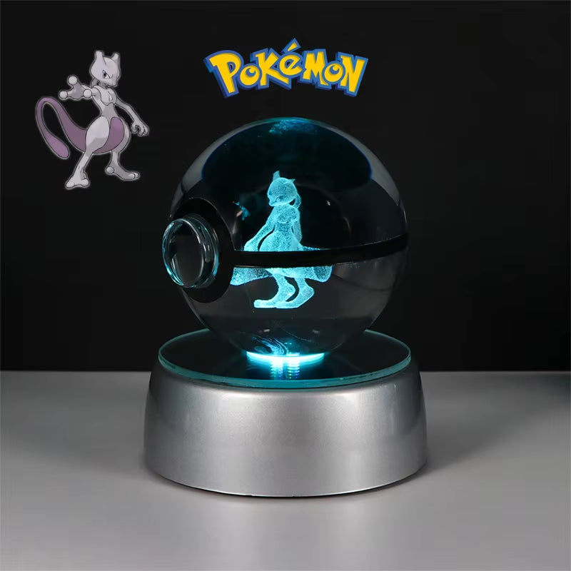 Pokemon 3D Crystal Poke Ball Figure Toys Anime Gengar Mimikyu Jigglypuff Eevee Figurines LED Lamp Base Pokeball Glass Ball Gifts