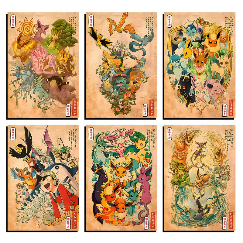 Anime Pokemon Canvas Painting Eeveelution Eevee Retro HD Poster and Print Watercolor Wall Art Picture Home Decor Kids Gifts
